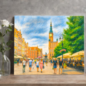 raxxa Canva: Pastel drawing of Danzig Long Market with church and cafes