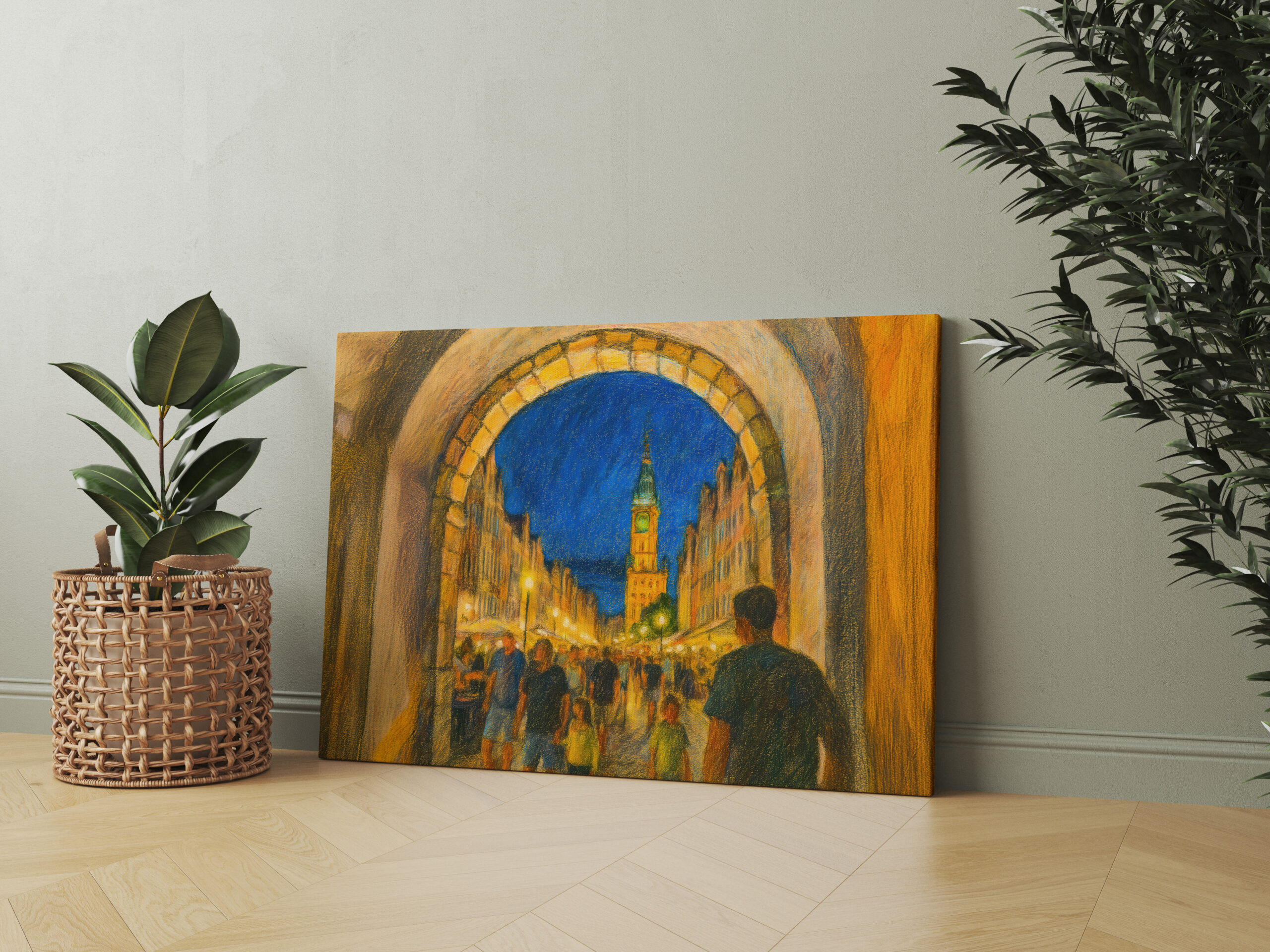 raxxa Canva: Pastel drawing of Danzig city gate view to Neptune fountain