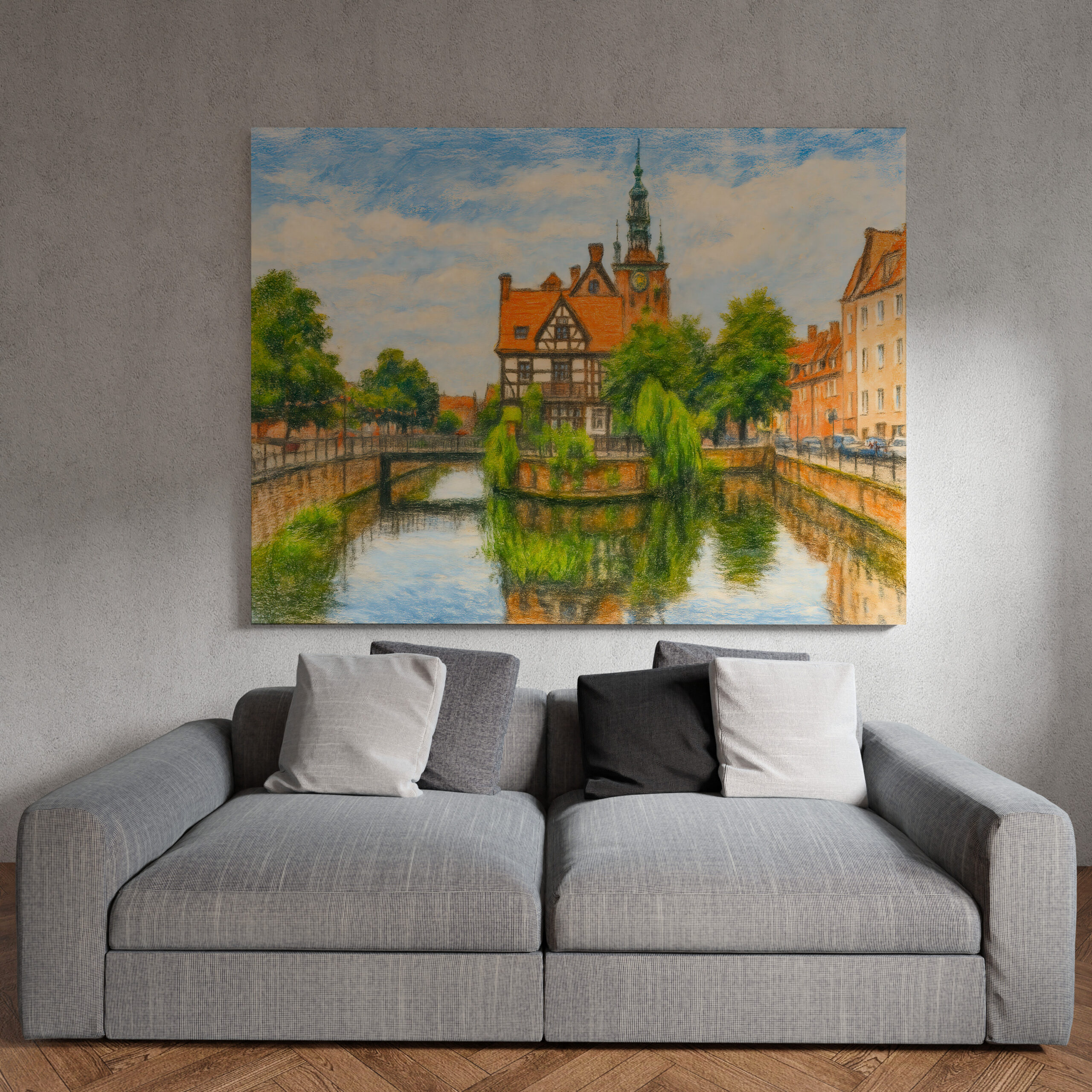 raxxa Canva: Pastel drawing of Danzig’ old mill on Radunia Canal