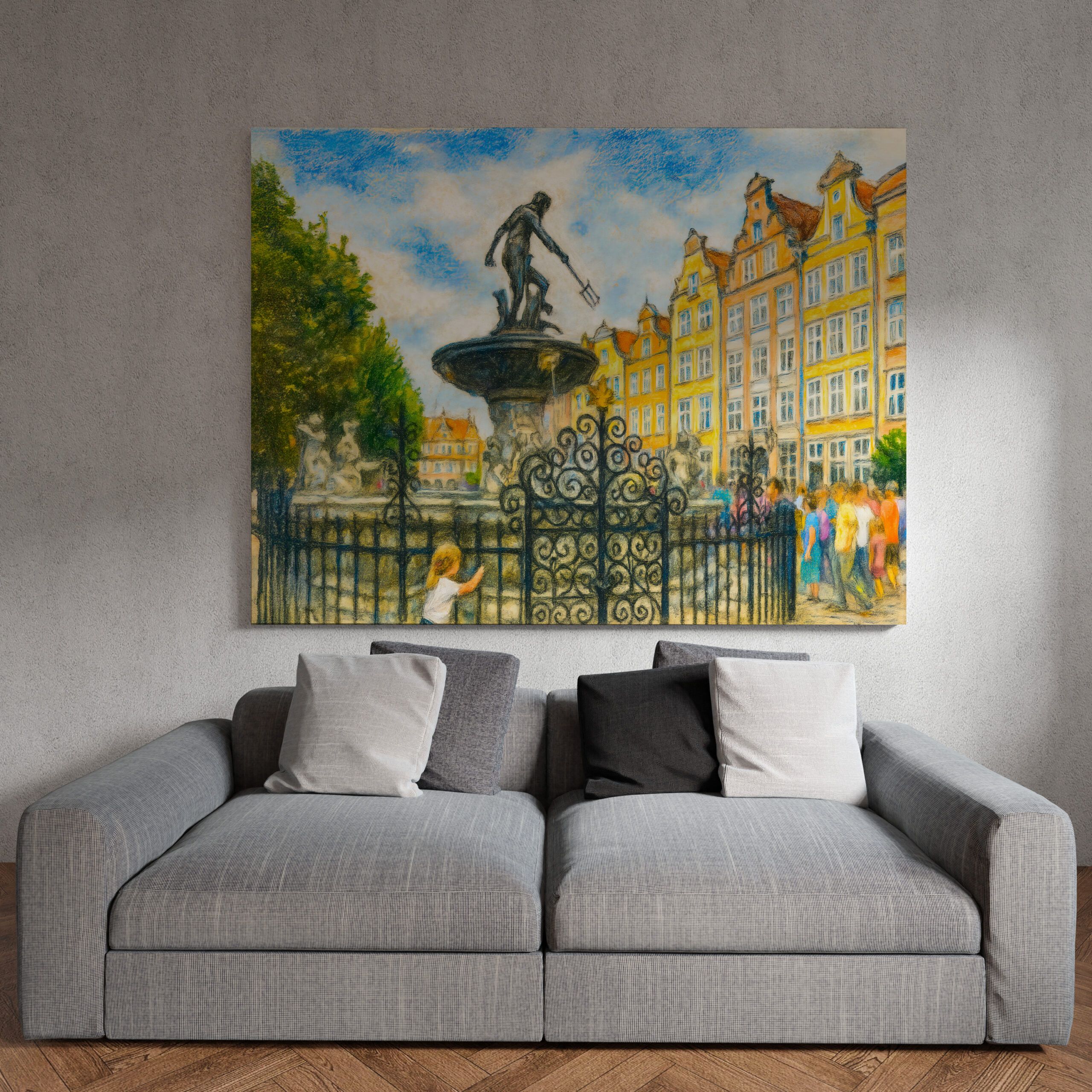 raxxa Canva: Pastel drawing of Danzig’ Neptune Fountain on Long Market