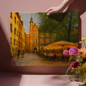 raxxa Canva: Pastel drawing of Danzig old town restaurants near crane gate