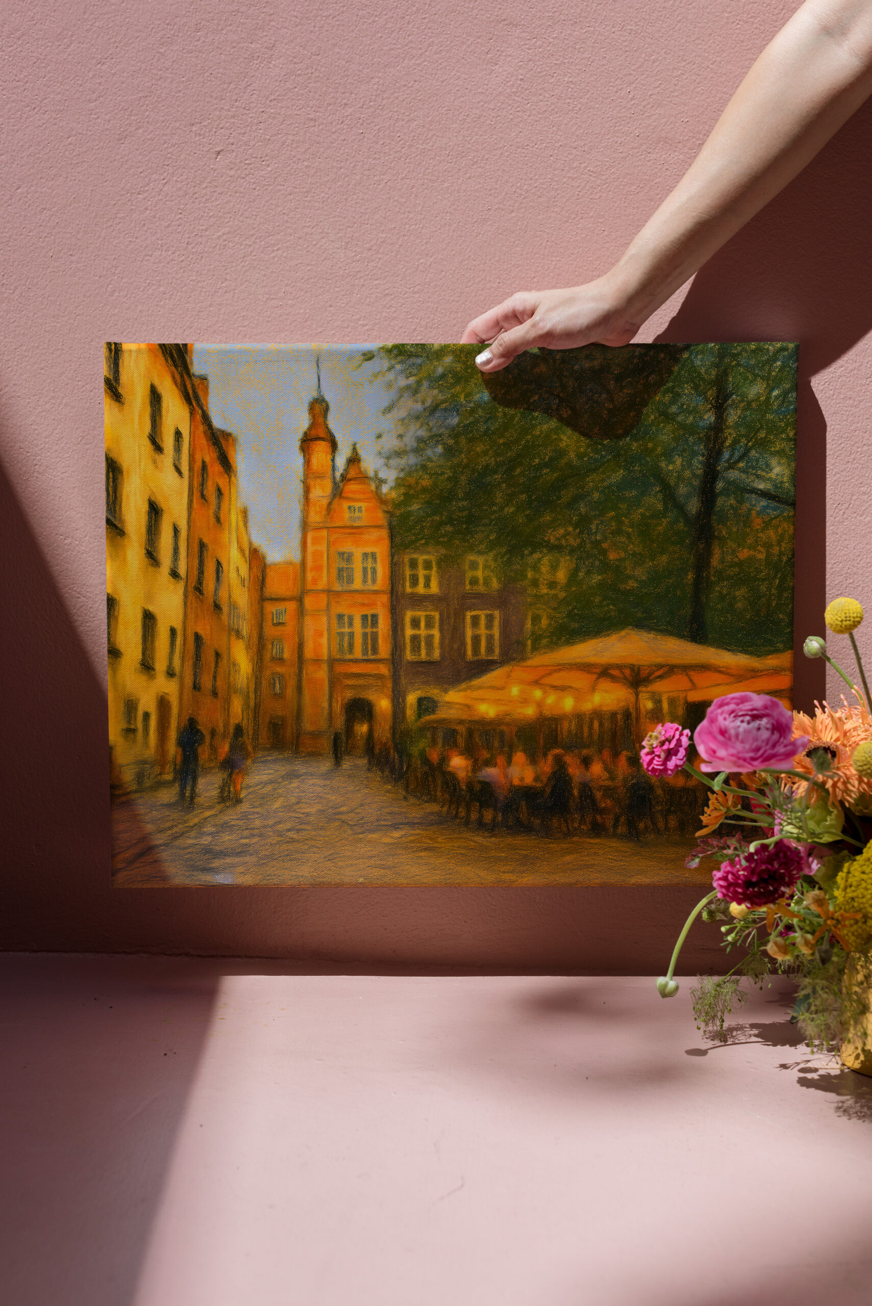 raxxa Canva: Pastel drawing of Danzig old town restaurants near crane gate