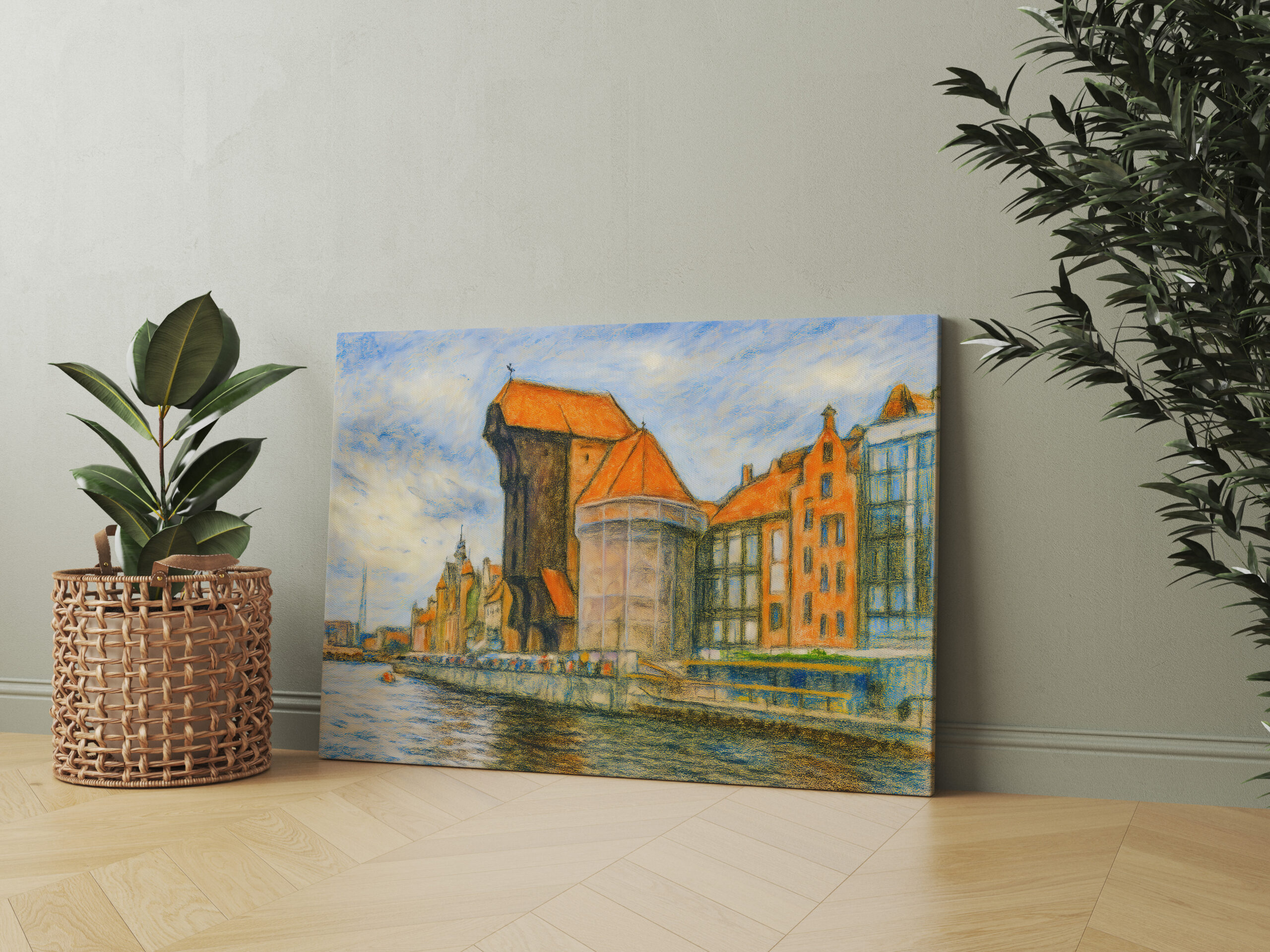 raxxa Canva: Pastel drawing of Danzig historic crane gate in daylight