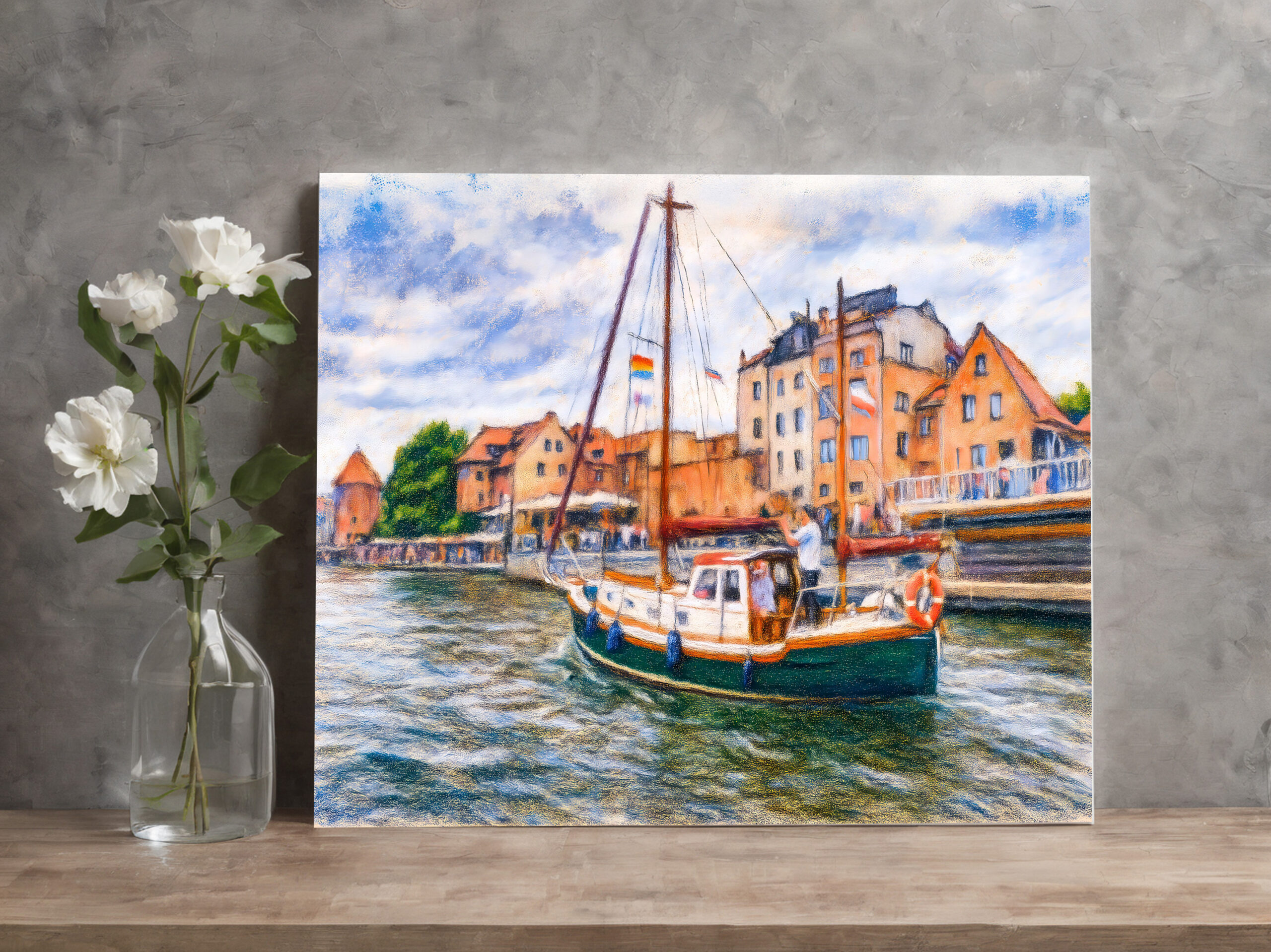 raxxa Canva: Pastel drawing of sailboat on Motlawa in Danzig old town – Bild 2