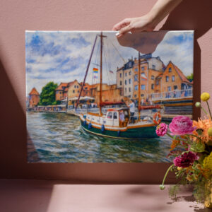 raxxa Canva: Pastel drawing of sailboat on Motlawa in Danzig old town