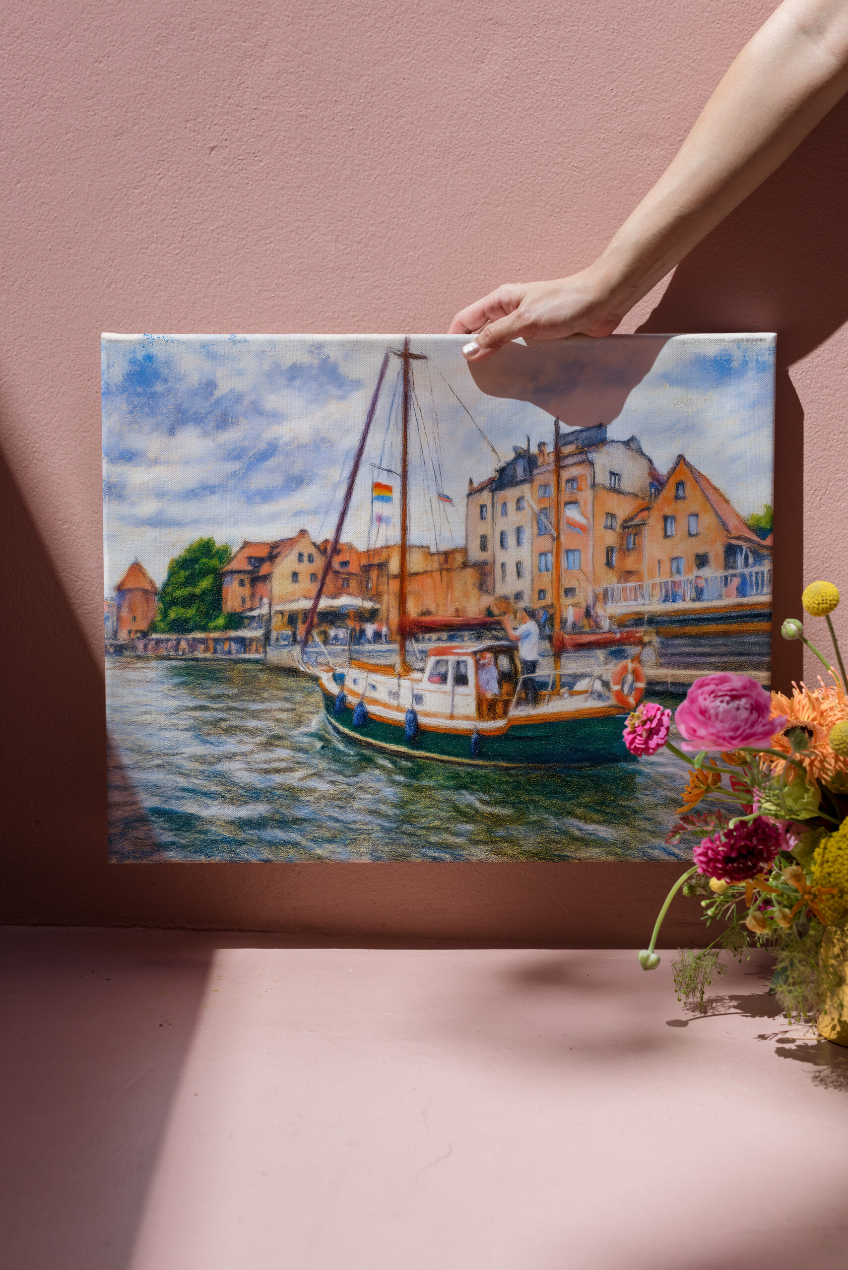 raxxa Canva: Pastel drawing of sailboat on Motlawa in Danzig old town