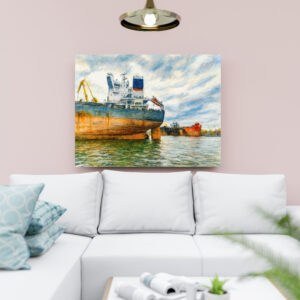 raxxa Canva: Pastel drawing of cargo ship in Danzig sea harbor