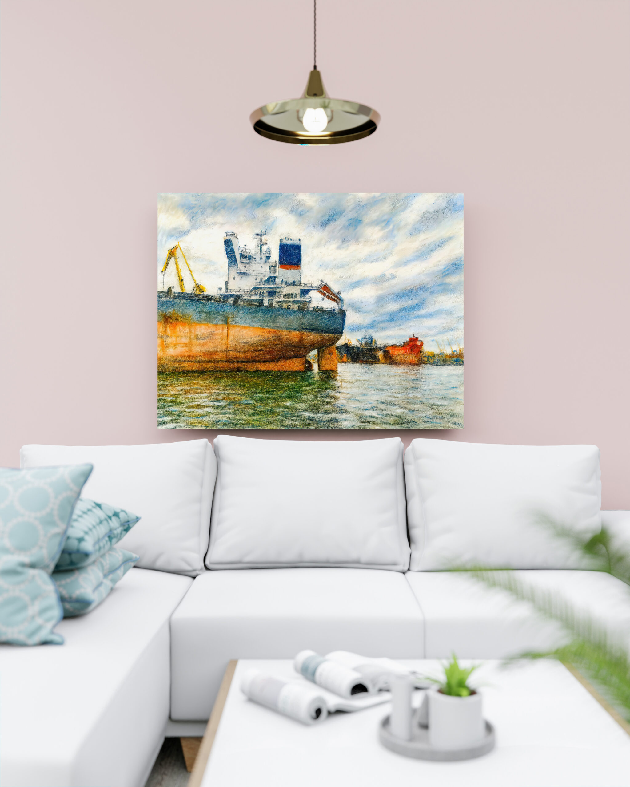 raxxa Canva: Pastel drawing of cargo ship in Danzig sea harbor