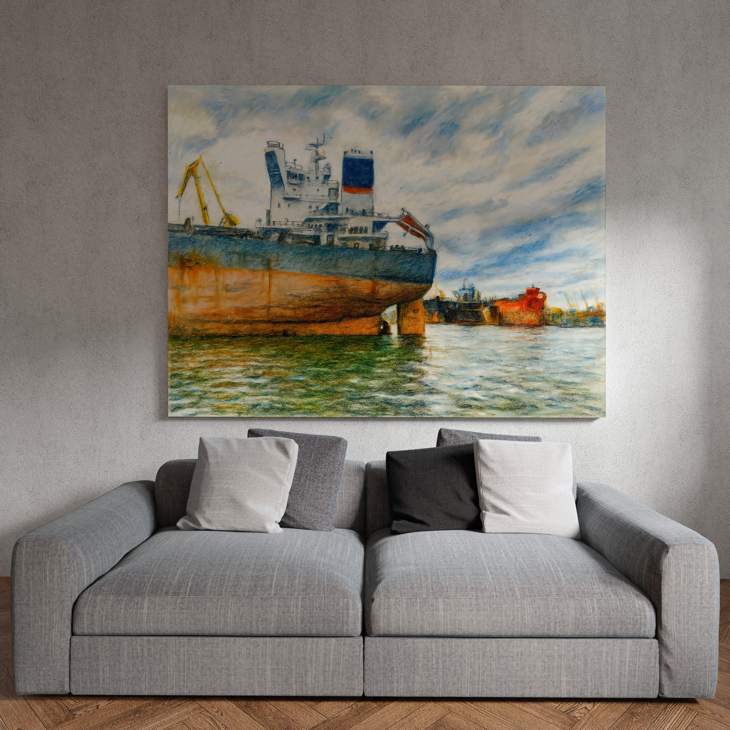 raxxa Canva: Pastel drawing of cargo ship in Danzig sea harbor - Image 2