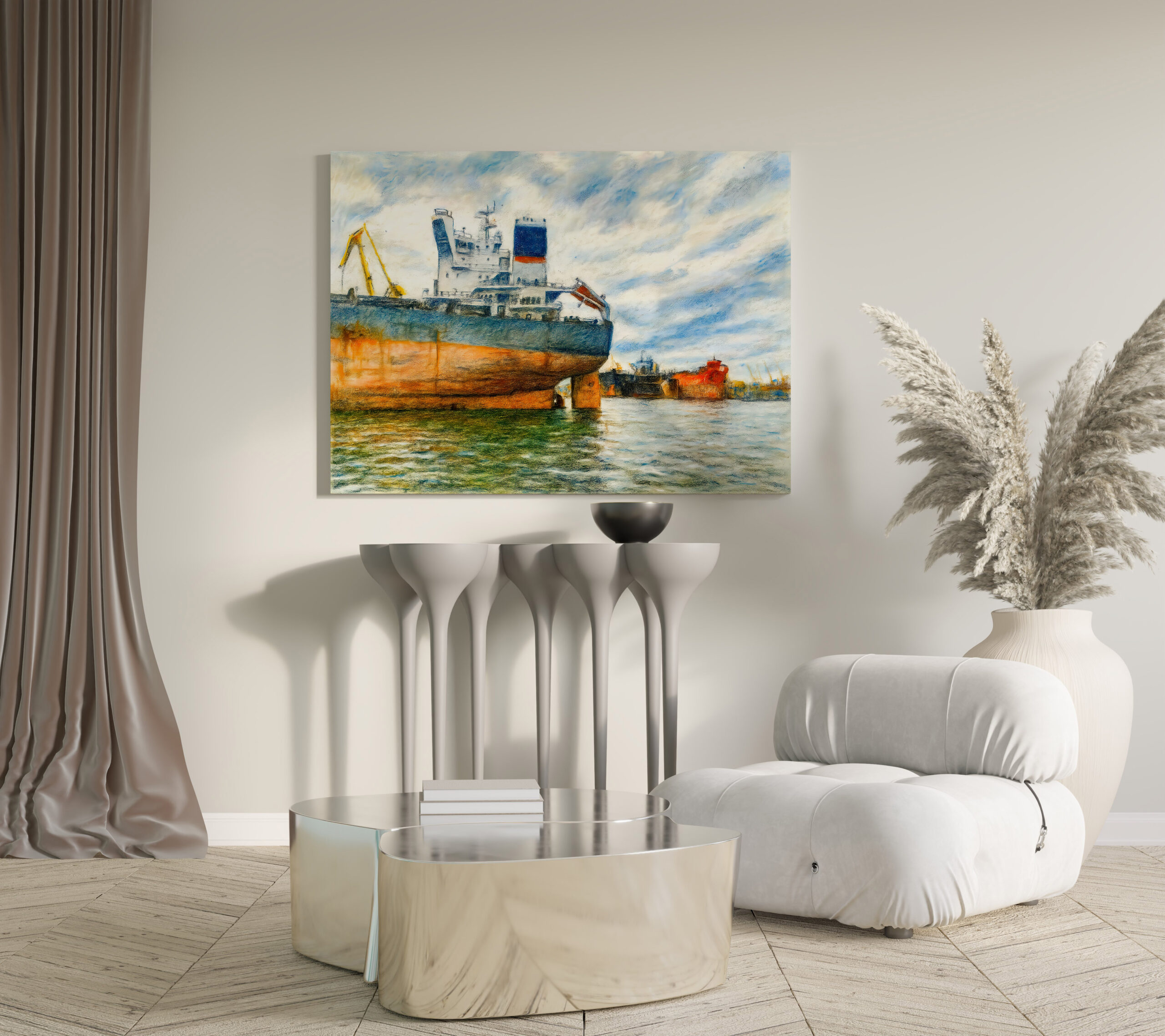 raxxa Canva: Pastel drawing of cargo ship in Danzig sea harbor - Image 3