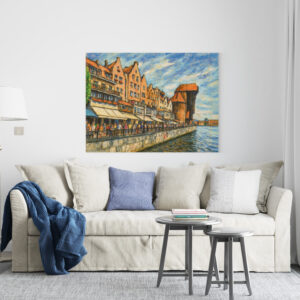raxxa Canva: Pastel drawing of Danzig historic crane gate in daylight