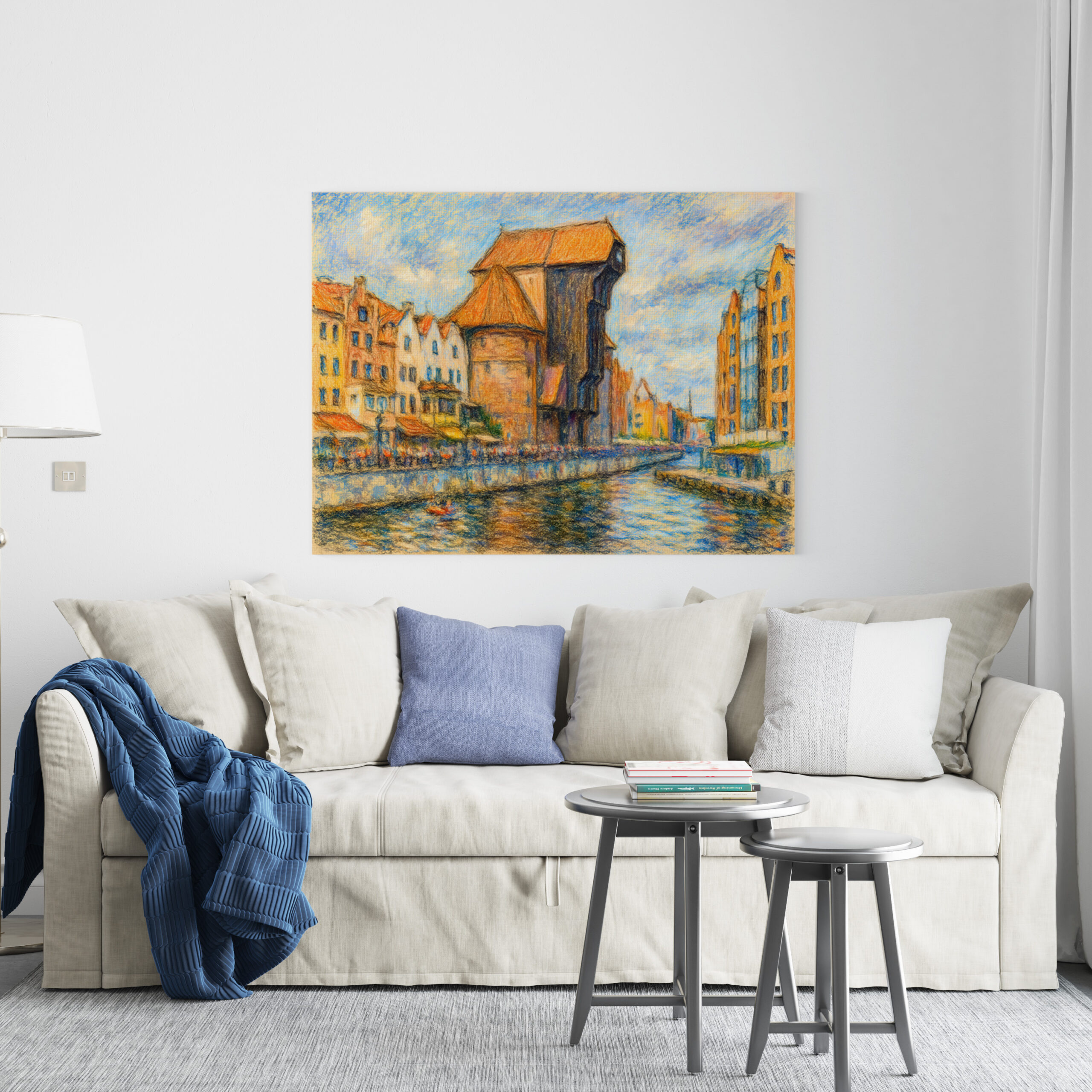 raxxa Canva: Pastel drawing of Danzig historic crane gate in daylight