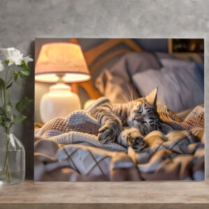 raxxa Canva: Cat lounging on couch with blanket and lamp