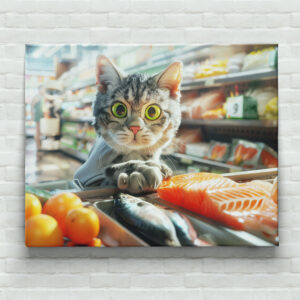 raxxa Canva: Cat shopping in grocery store with produce