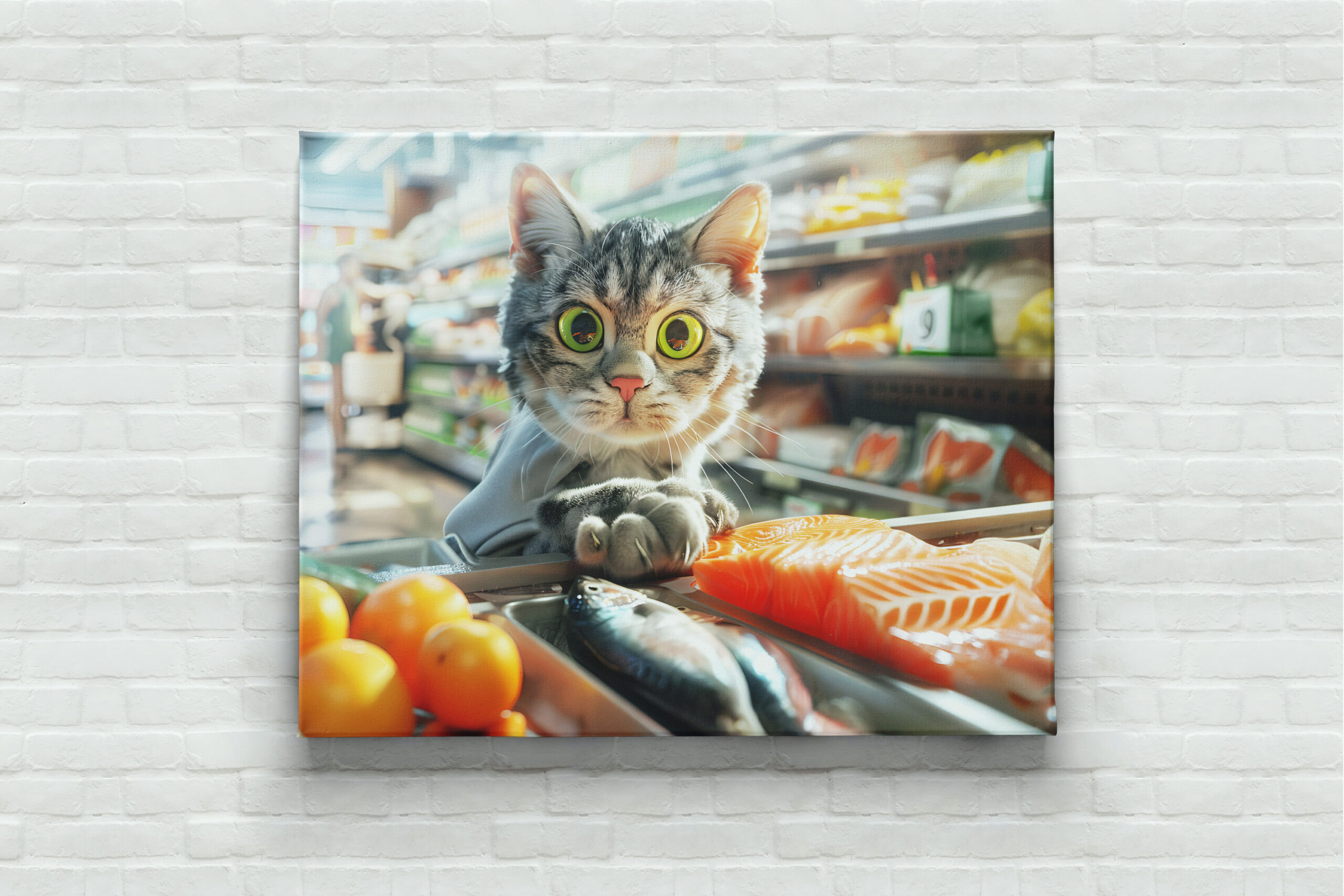 raxxa Canva: Cat shopping in grocery store with produce