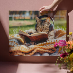 raxxa Canva: Cat reading book on knitted blanket