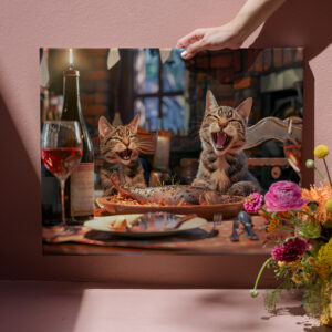 raxxa Canva: Cats dining on fish with wine indoors