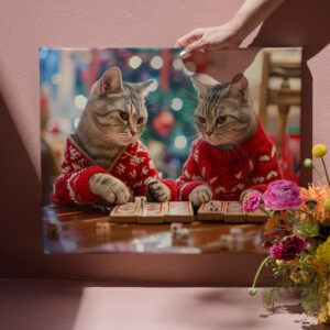 raxxa Canva: Two cats in red sweaters with festive background