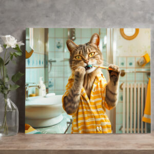 raxxa Canva: Cat brushing teeth in striped pajamas bathroom
