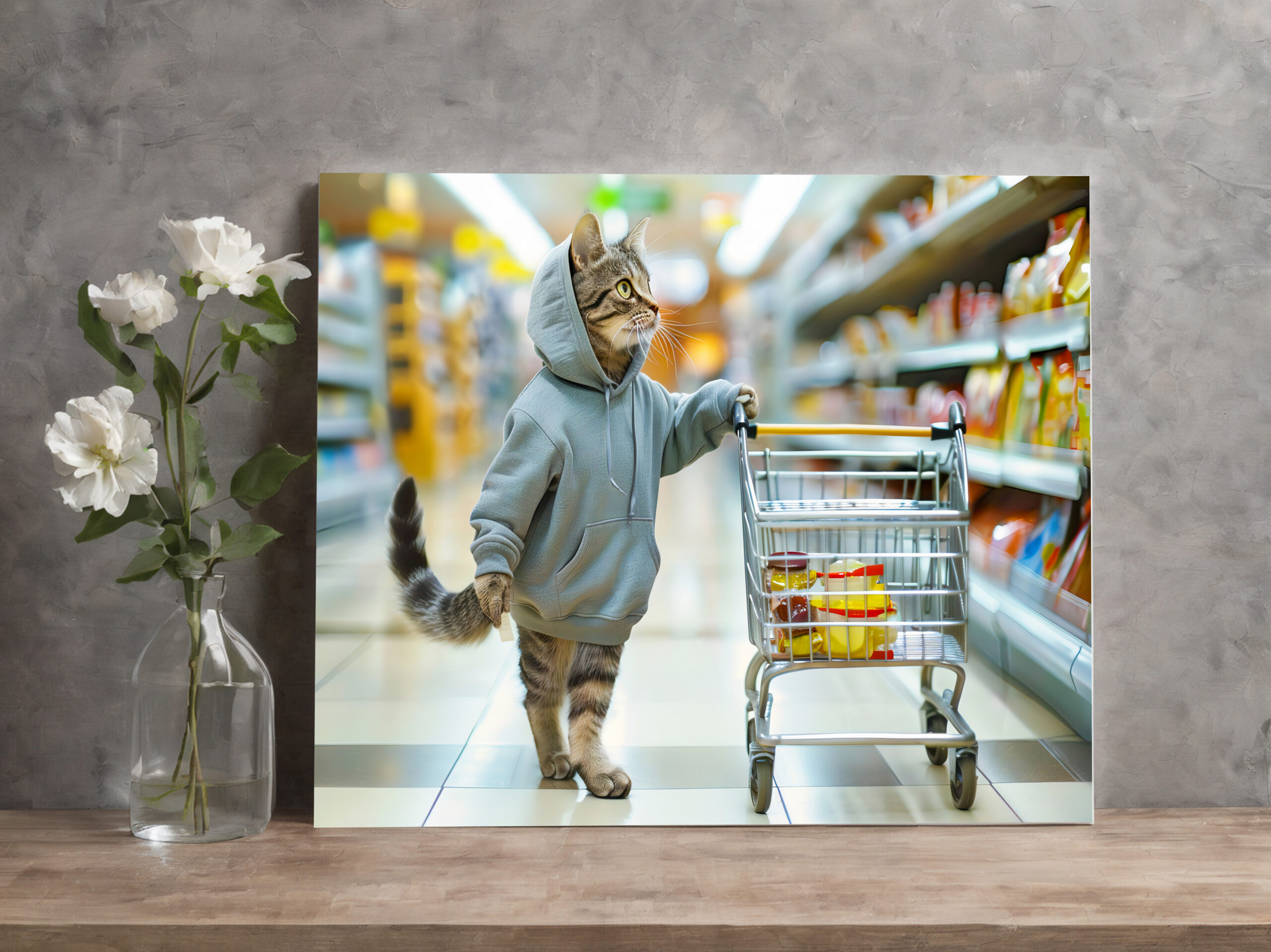raxxa Canva: Cat with shopping basket in supermarket aisle