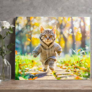 raxxa Canva: Cat in hoodie jogging through green park