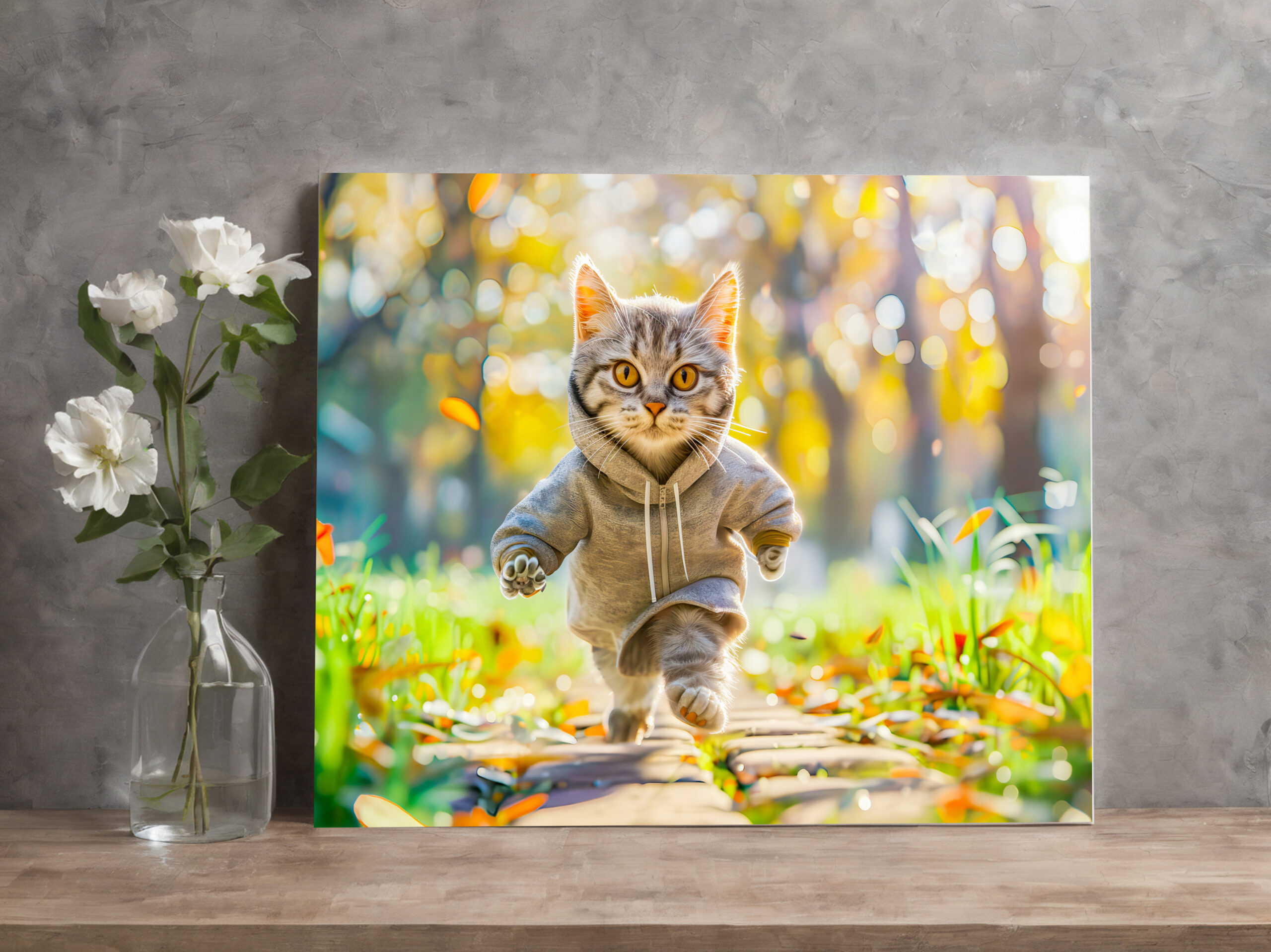 raxxa Canva: Cat in hoodie jogging through green park