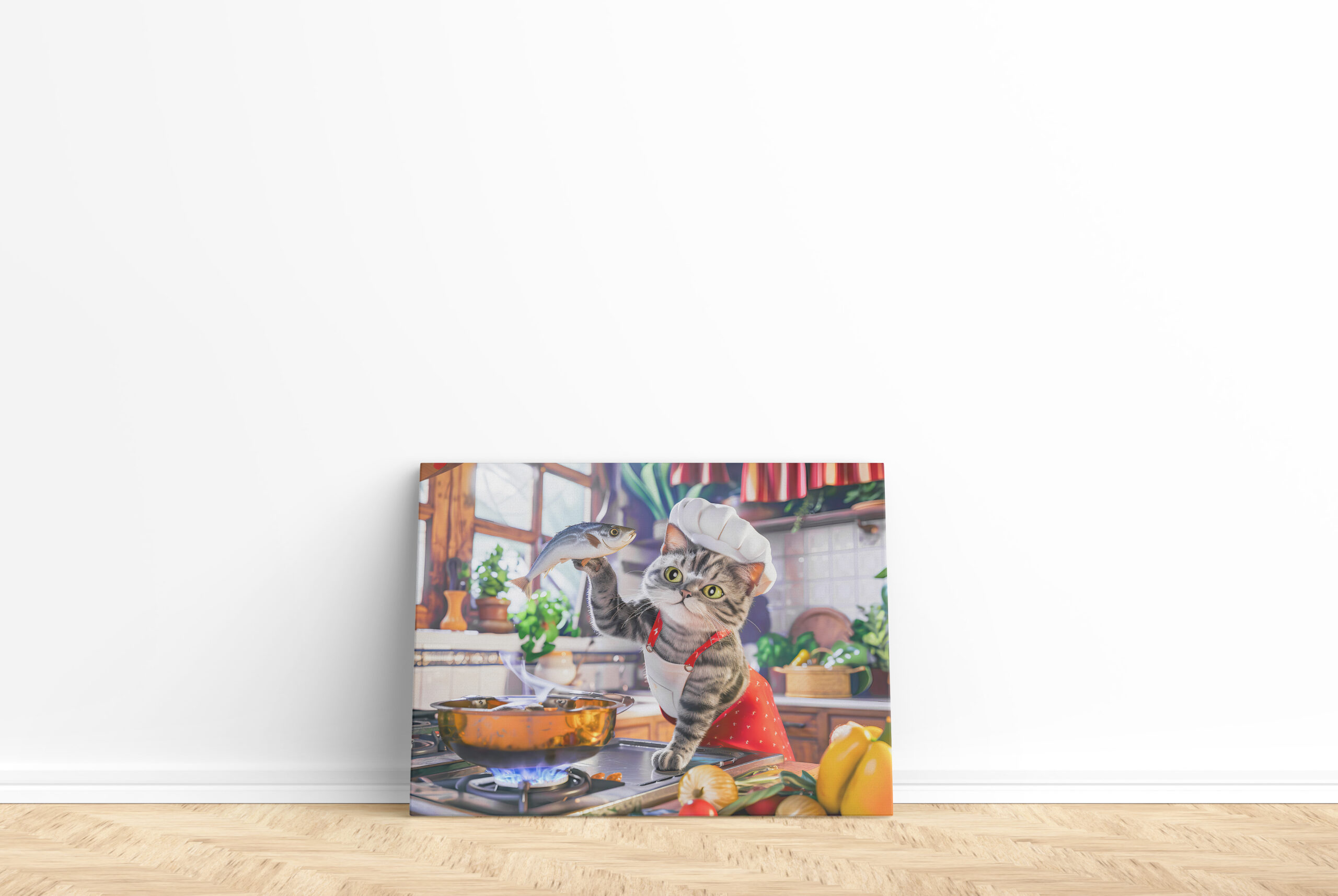 raxxa Canva: Cat in chef hat cooking with vegetables and fish - Imagen 2