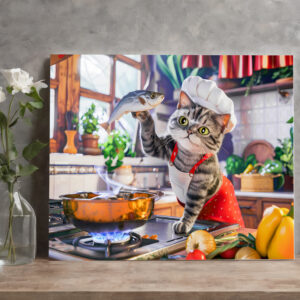 raxxa Canva: Cat in chef hat cooking with vegetables and fish
