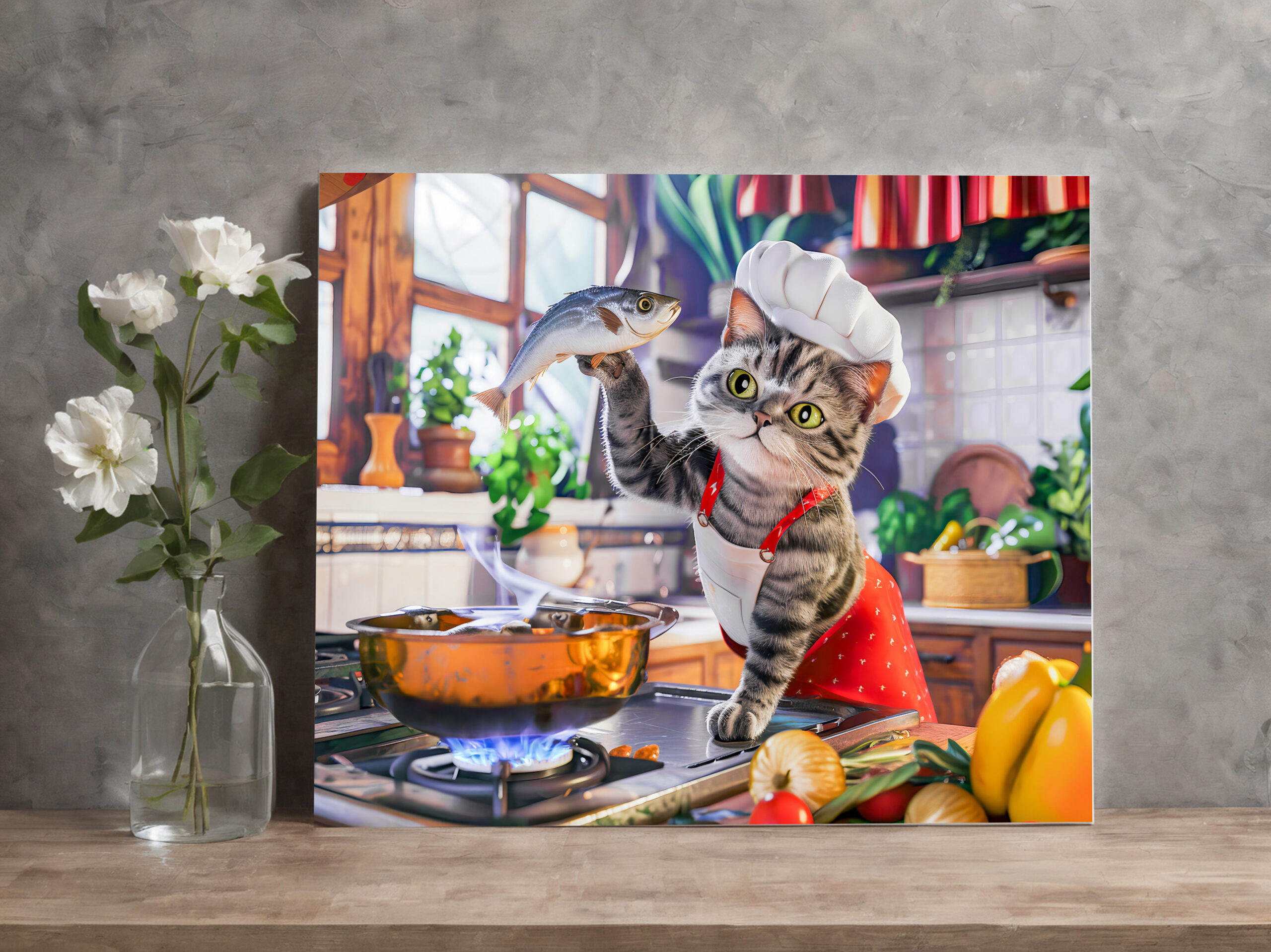 raxxa Canva: Cat in chef hat cooking with vegetables and fish