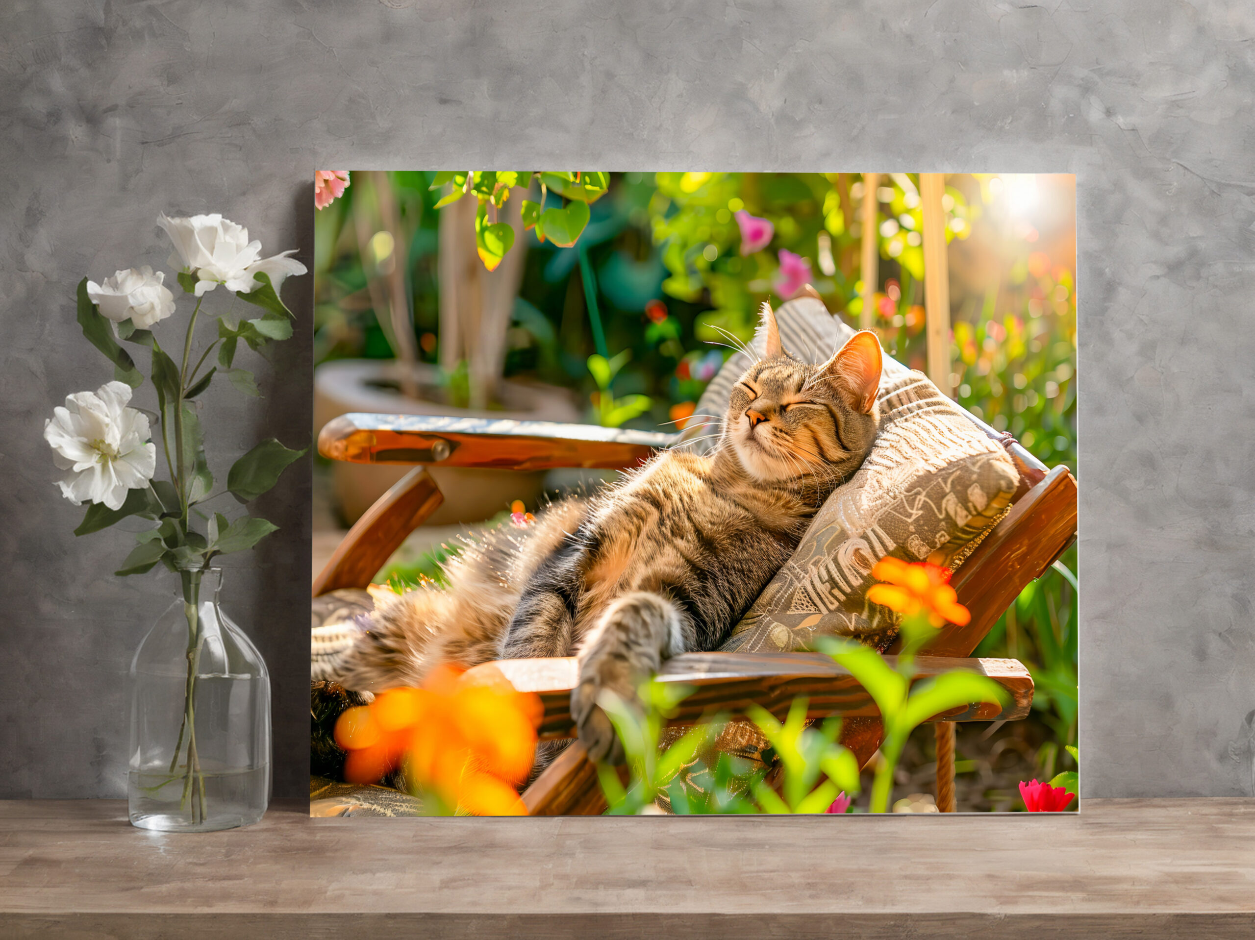 raxxa Canva: Cat sleeping in garden chair among flowers