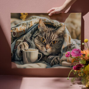 raxxa Canva: Cat with coffee and book in cozy blanket