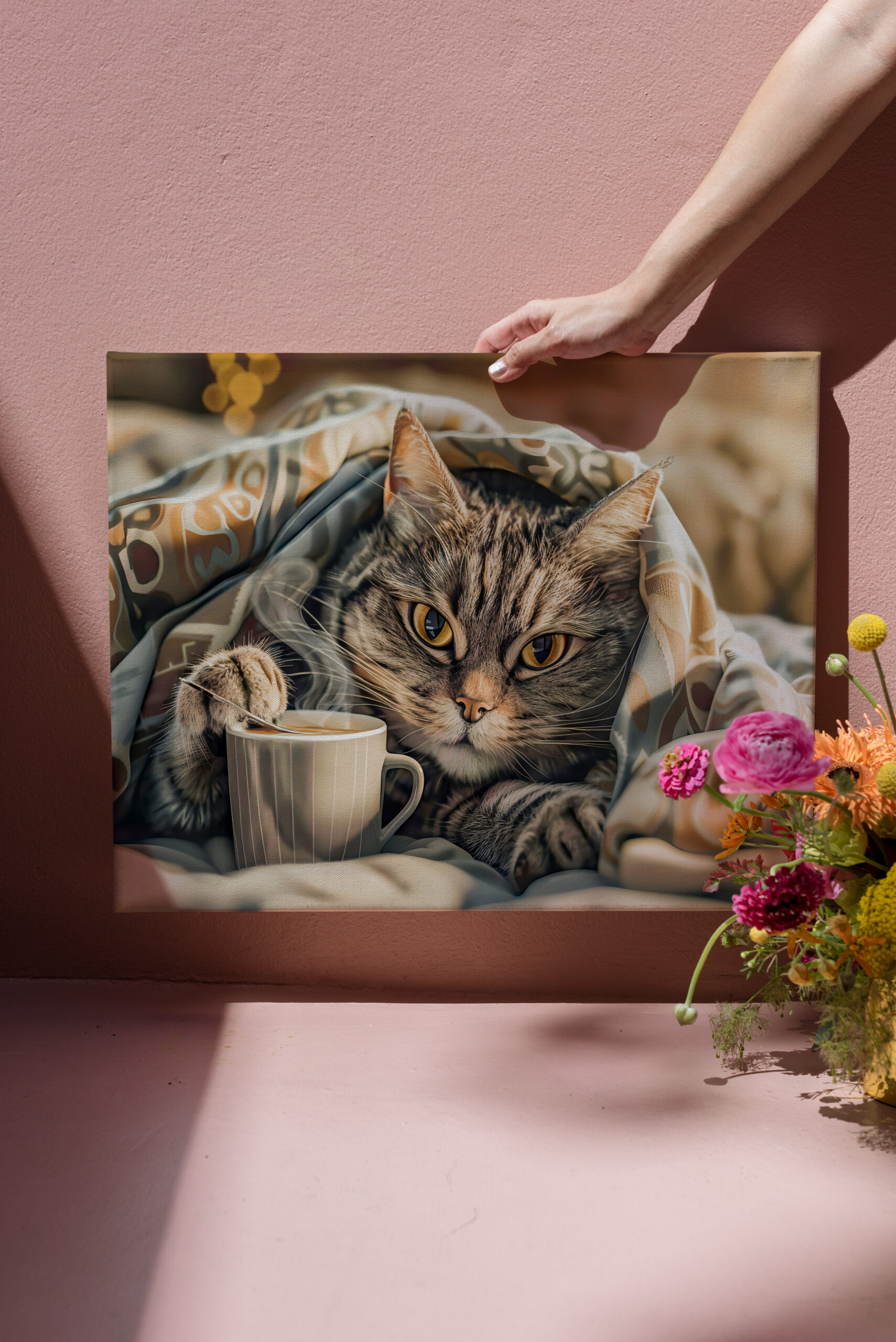 raxxa Canva: Cat with coffee and book in cozy blanket