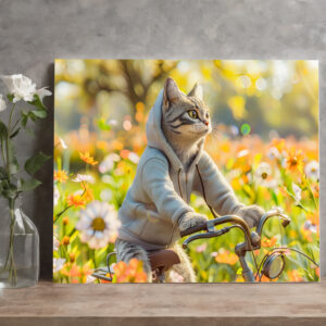 raxxa Canva: Cat in hoodie cycling across summer meadow