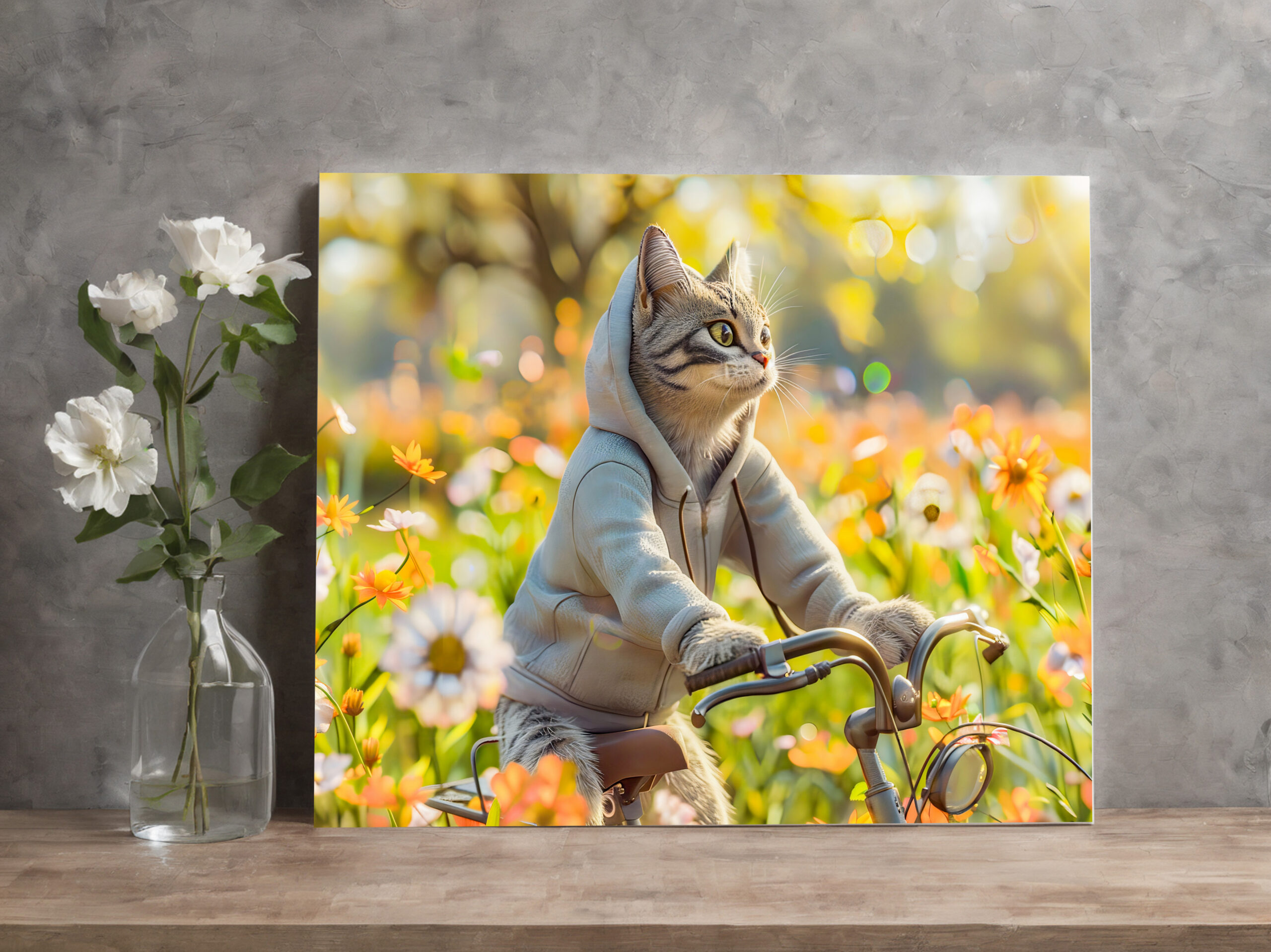 raxxa Canva: Cat in hoodie cycling across summer meadow