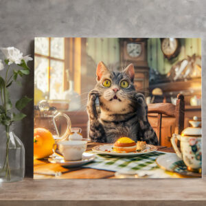 raxxa Canva: Cat at breakfast table with croissants and juice