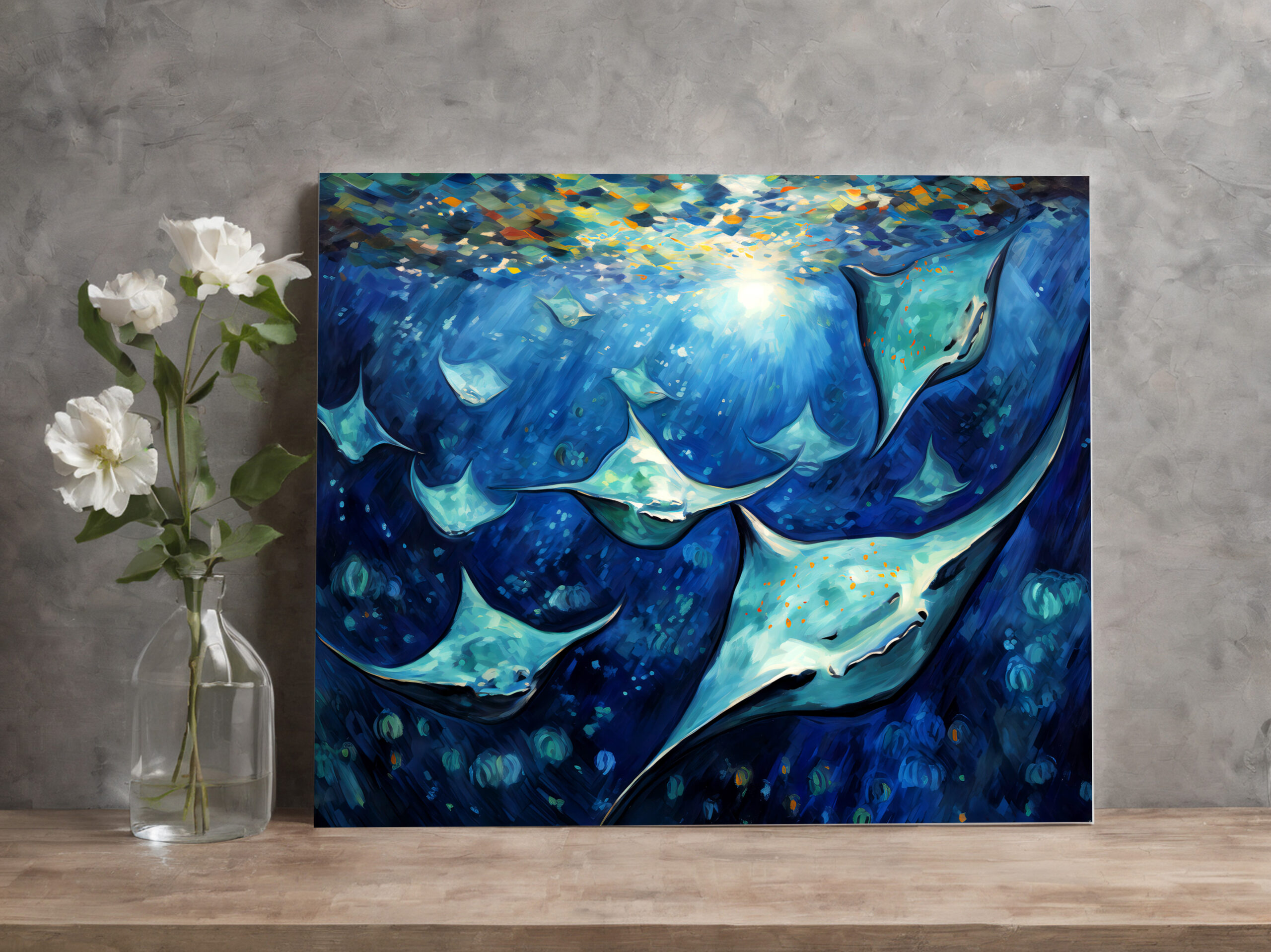 raxxa Canva: Manta Rays in Expressive Ocean Oil Painting - Imagen 3