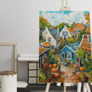 raxxa Canva: Autumn Village with Pumpkins and Cottages Painting