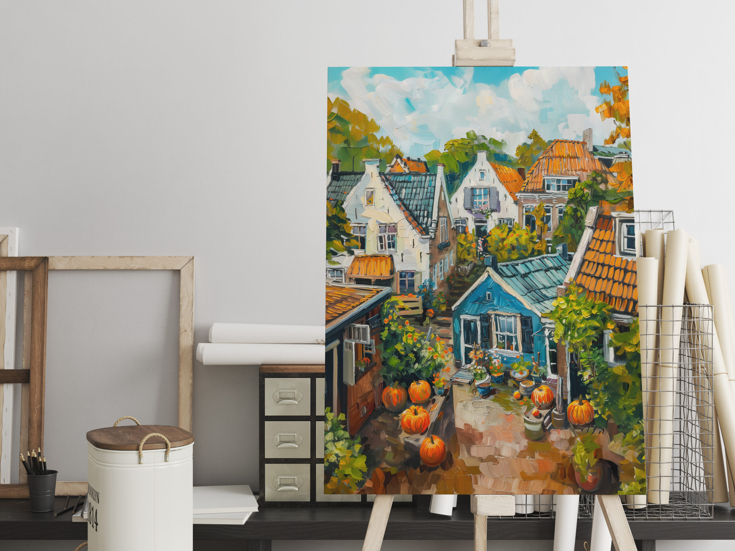 raxxa Canva: Autumn Village with Pumpkins and Cottages Painting