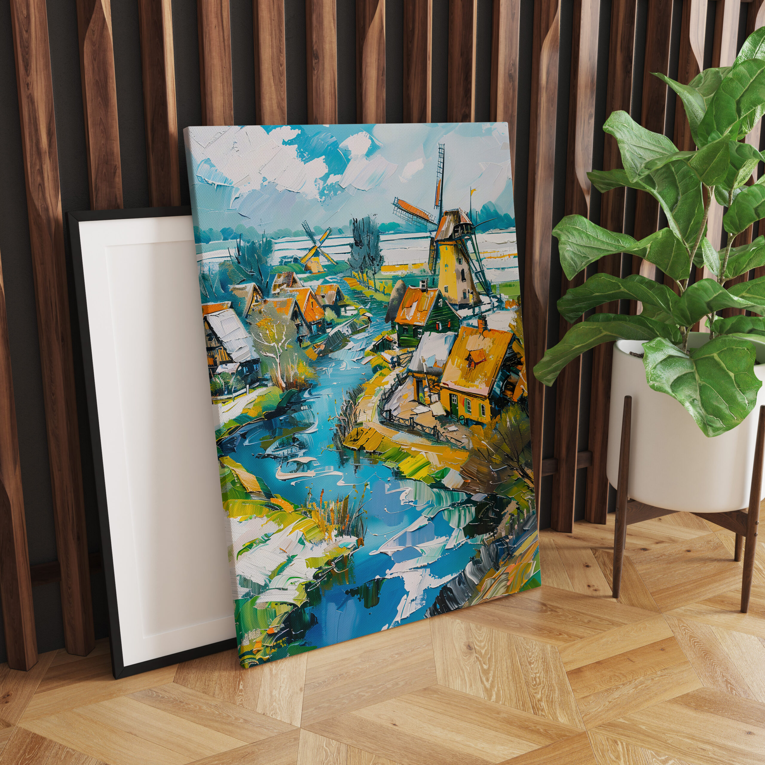 raxxa Canva: Dutch Countryside with Windmills and Water Channels Fantasy Painting