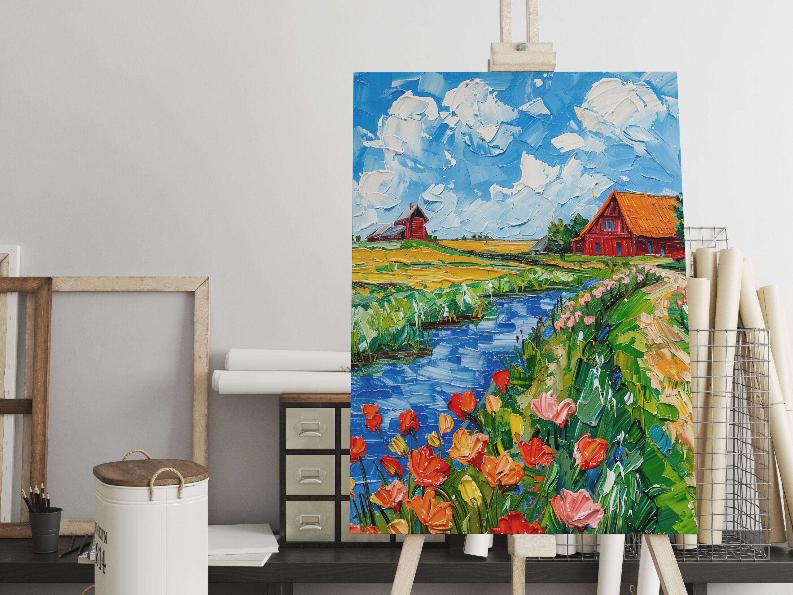 raxxa Canva: Tulip Fields with Barn and Stream Fantasy Painting