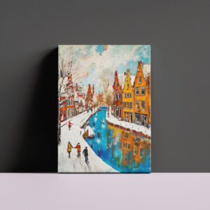 raxxa Canva: Winter Canal with Snowy Streets and Colorful Houses Painting
