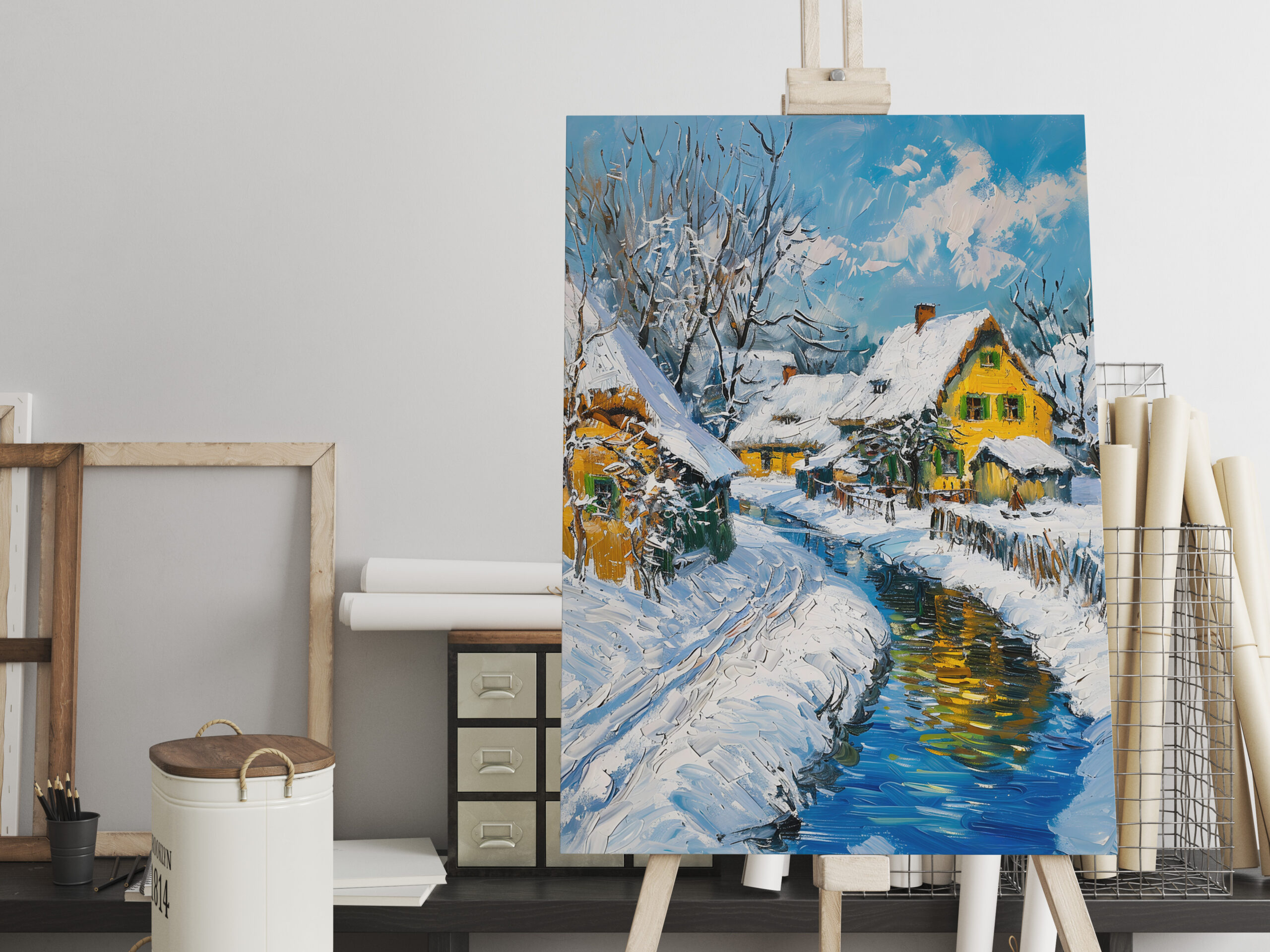 raxxa Canva: Snowy Village with Stream and Trees Fantasy Painting - immagine 2