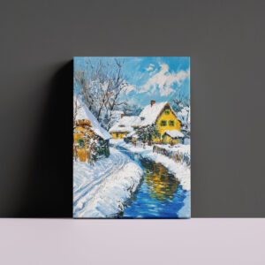 raxxa Canva: Snowy Village with Stream and Trees Fantasy Painting