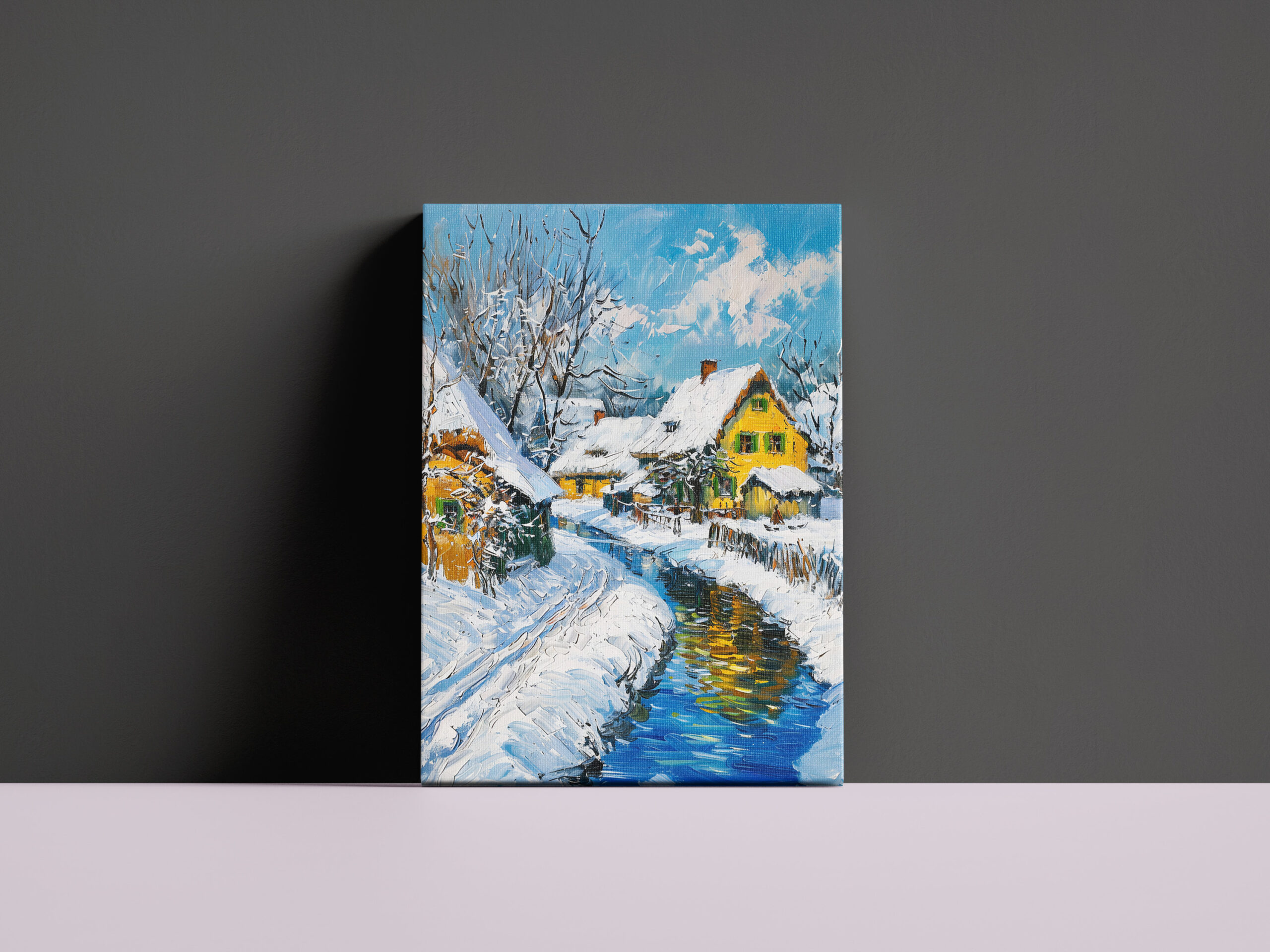 raxxa Canva: Snowy Village with Stream and Trees Fantasy Painting