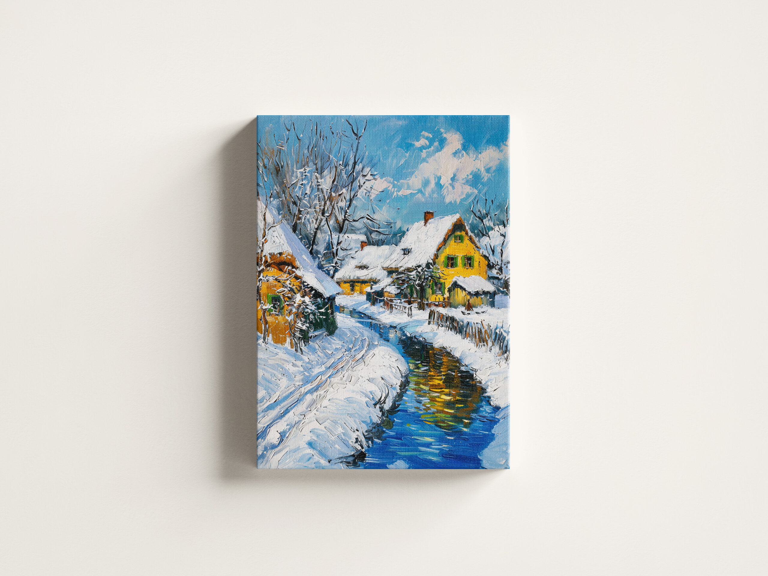 raxxa Canva: Snowy Village with Stream and Trees Fantasy Painting - immagine 3