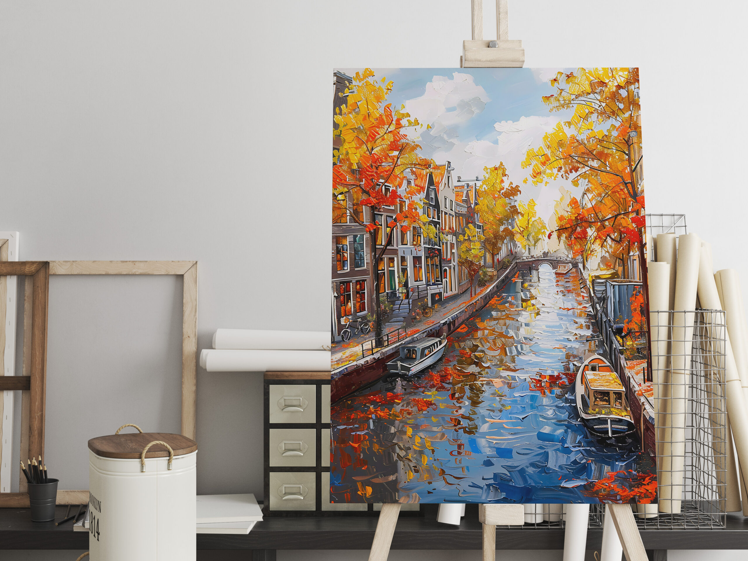 raxxa Canva: Autumn Canal with Boats and Colorful Houses Painting – Bild 2