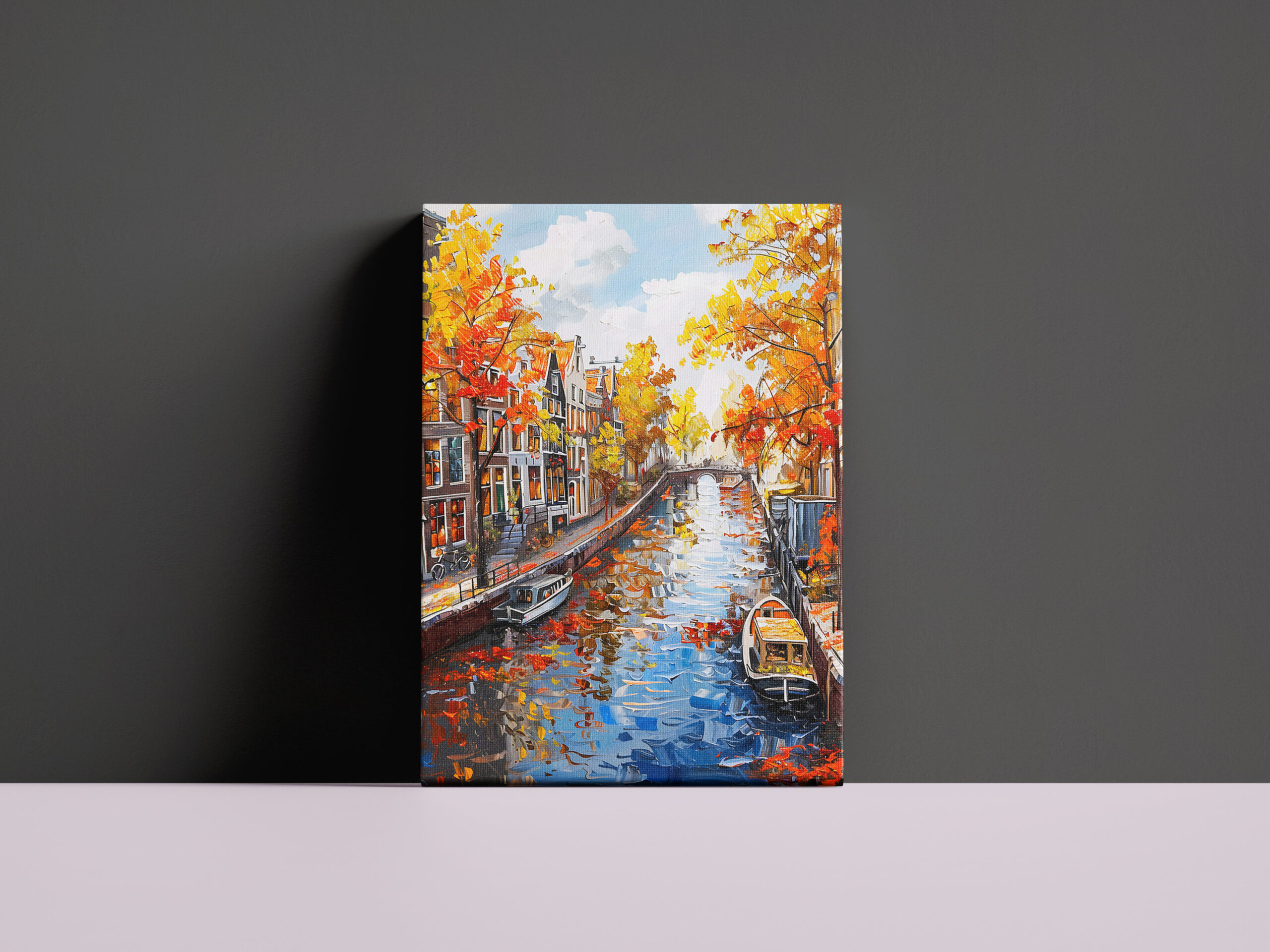 raxxa Canva: Autumn Canal with Boats and Colorful Houses Painting