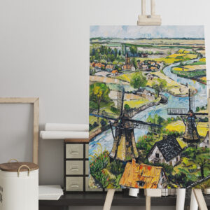 raxxa Canva: Windmills and Church by River Fantasy Painting