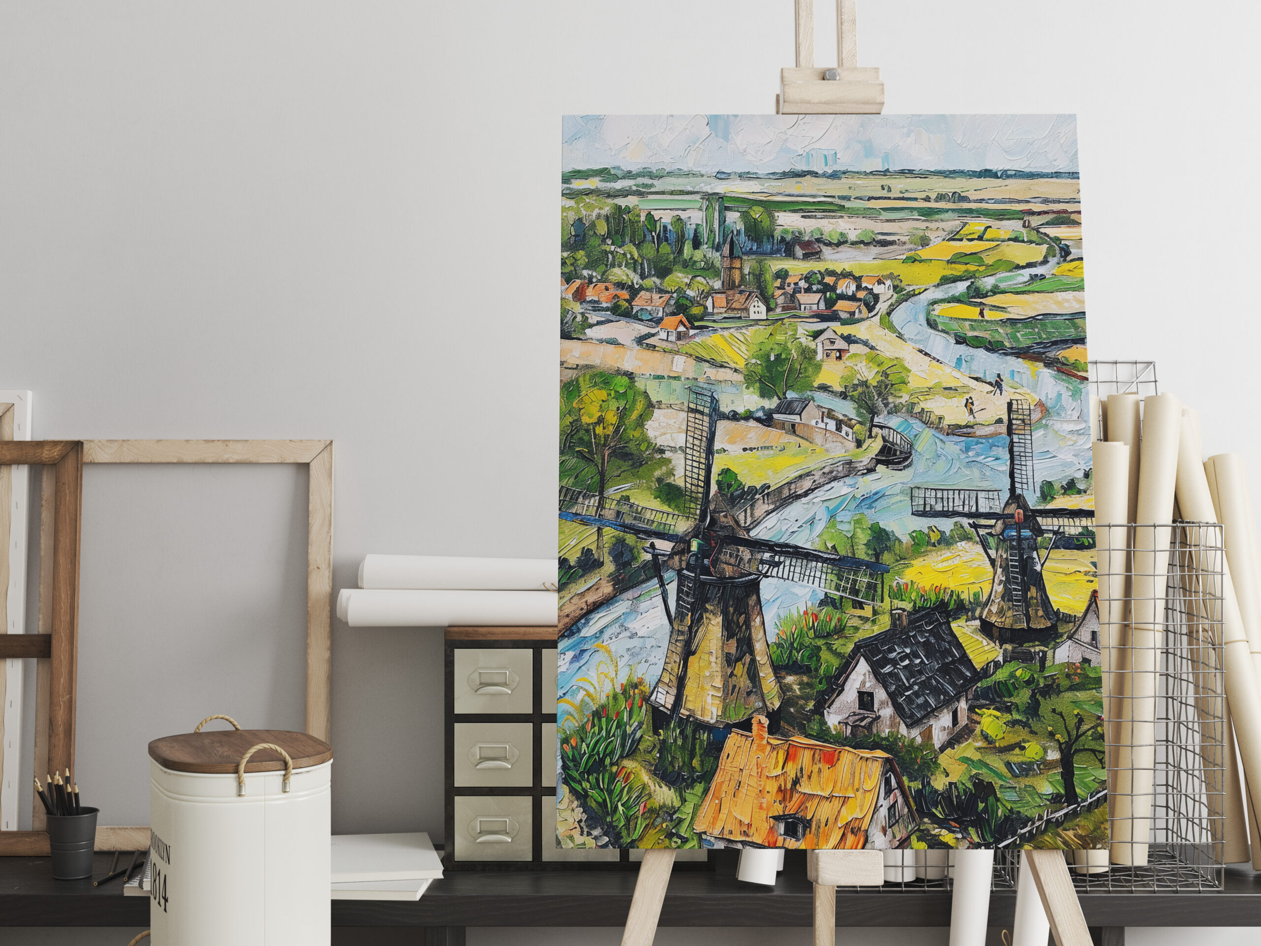 raxxa Canva: Windmills and Church by River Fantasy Painting