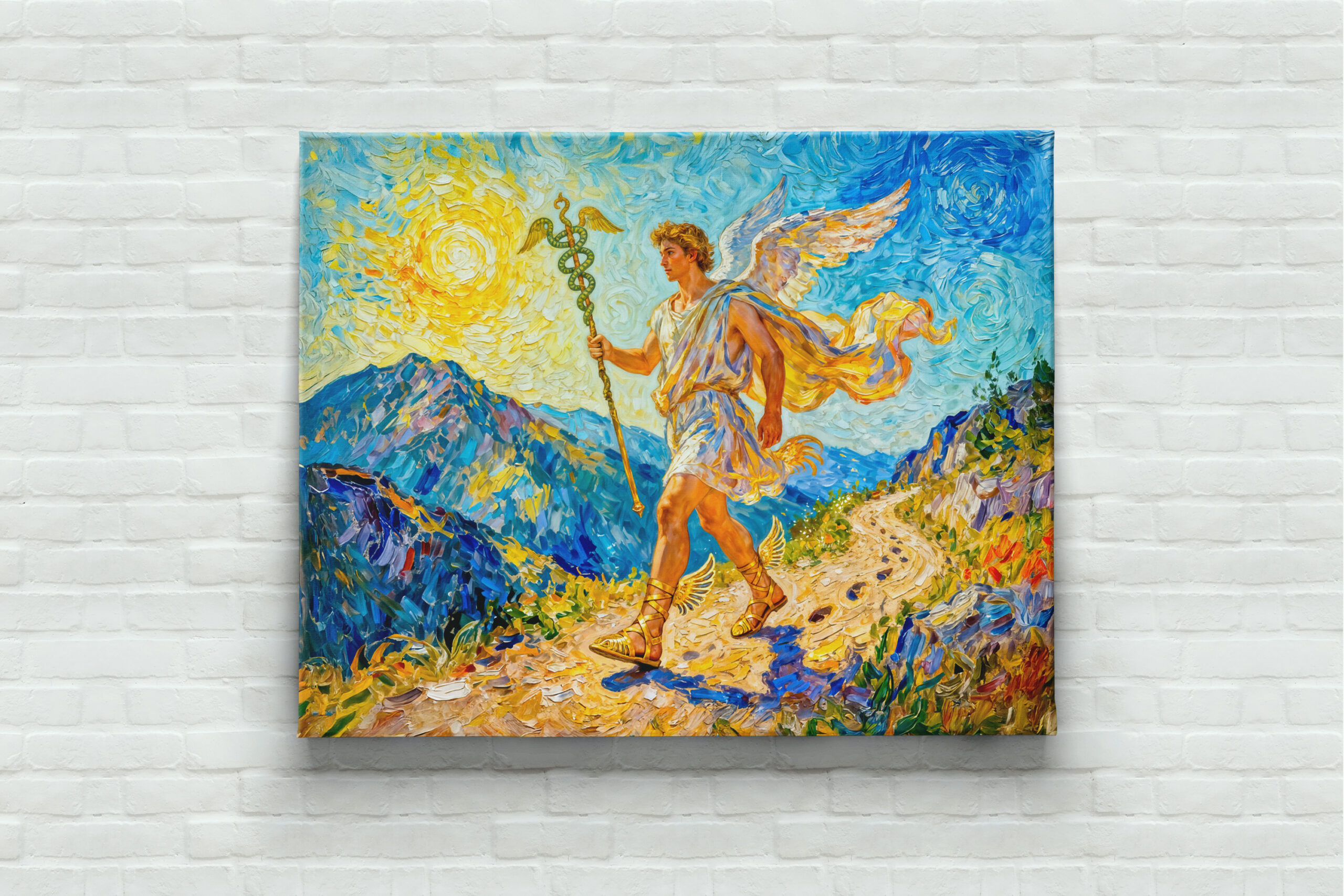 raxxa Canva: Hermes with Winged Staff and Sandals Walking a Sacred Path